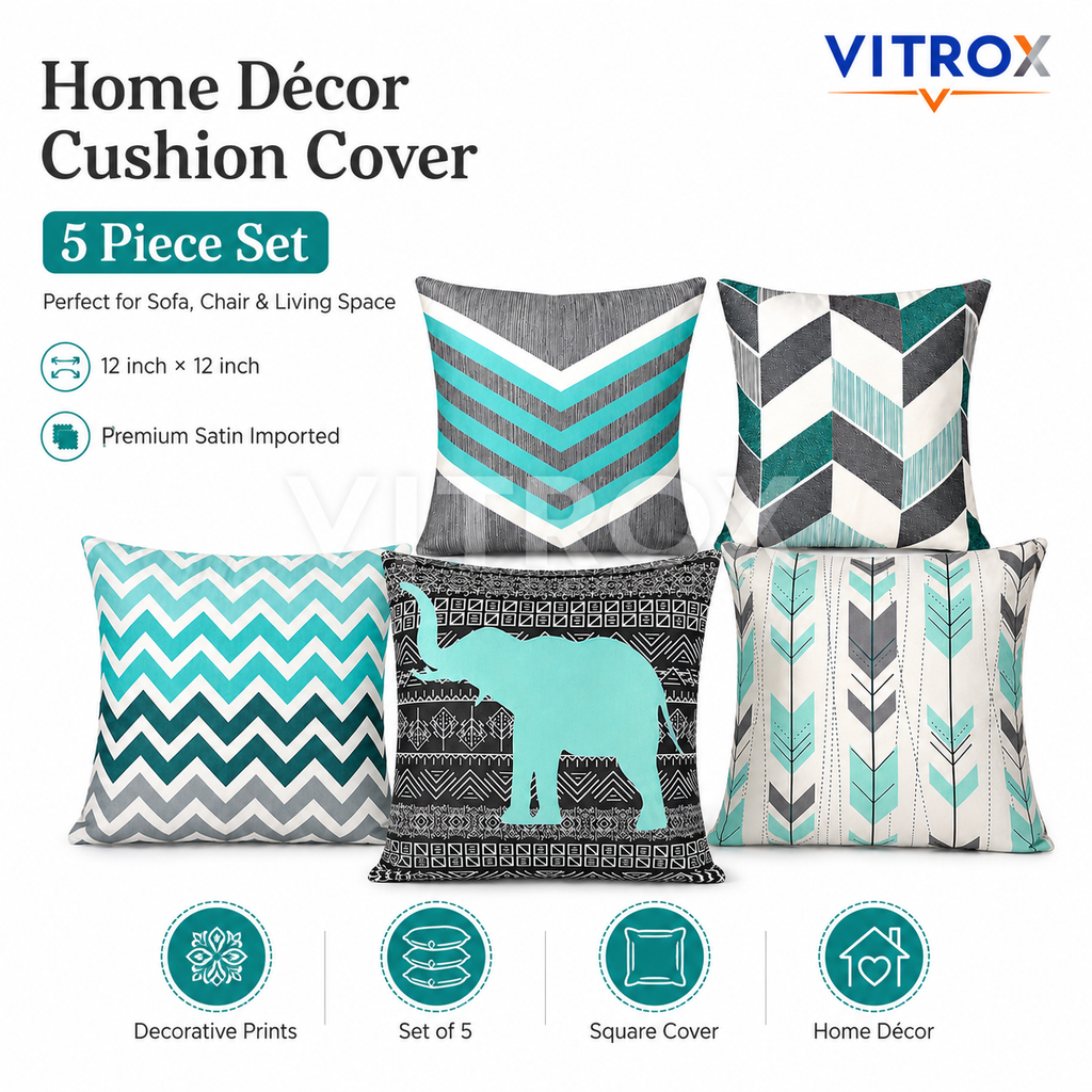 Vitrox Decorative Printed Cushion Cover Set – 5 Piece Set, 12 x 12 Inch Premium Satin Imported Cushion Covers
