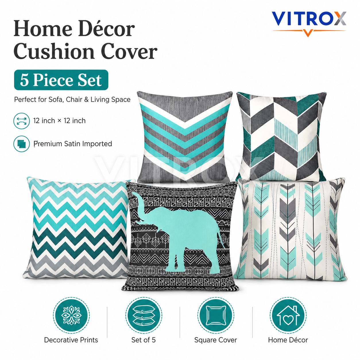 Vitrox Decorative Printed Cushion Cover Set – 5 Piece Set, 12 x 12 Inch Premium Satin Imported Cushion Covers