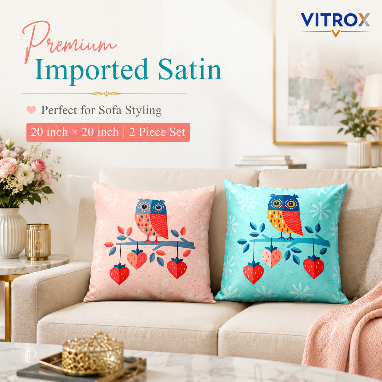 Vitrox Owl Printed Cushion Cover Set – 2 Piece Set, 20 x 20 Inch Premium Imported Satin Cushion Covers