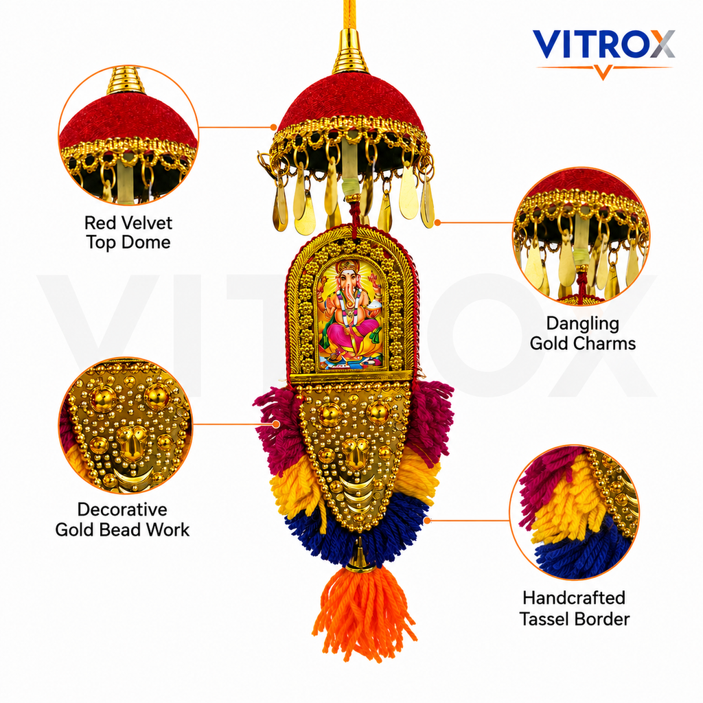 Vitrox Handmade Traditional Ganesha Hanging Décor – Double Side Design for Car, Home & Pooja Room | 25cm x 8cm