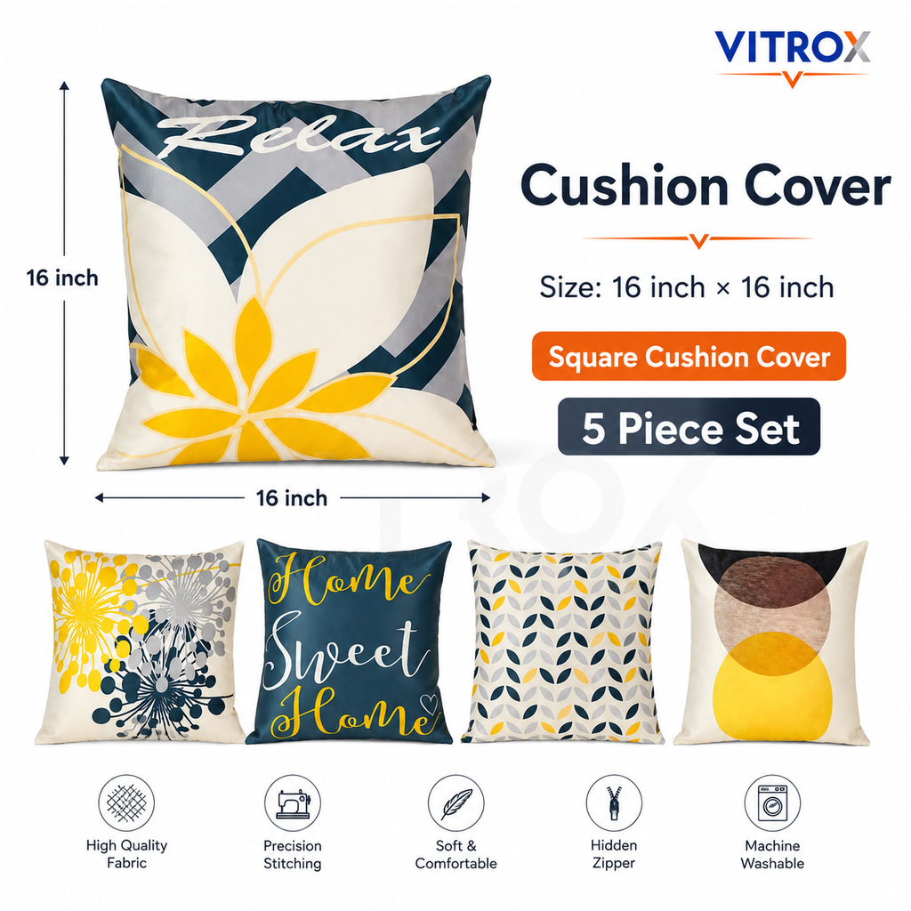 Vitrox Decorative Printed Cushion Cover Set – 5 Piece Set, 16 x 16 Inch Square Cushion Covers