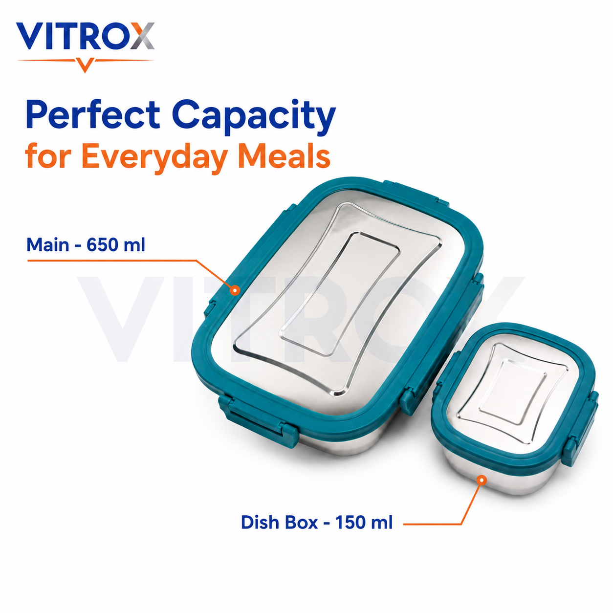 Vitrox Fully Leak Proof Stainless Steel Lunch Box Set with Dish Box – TEAL BLUE | 650 ml + 150 ml