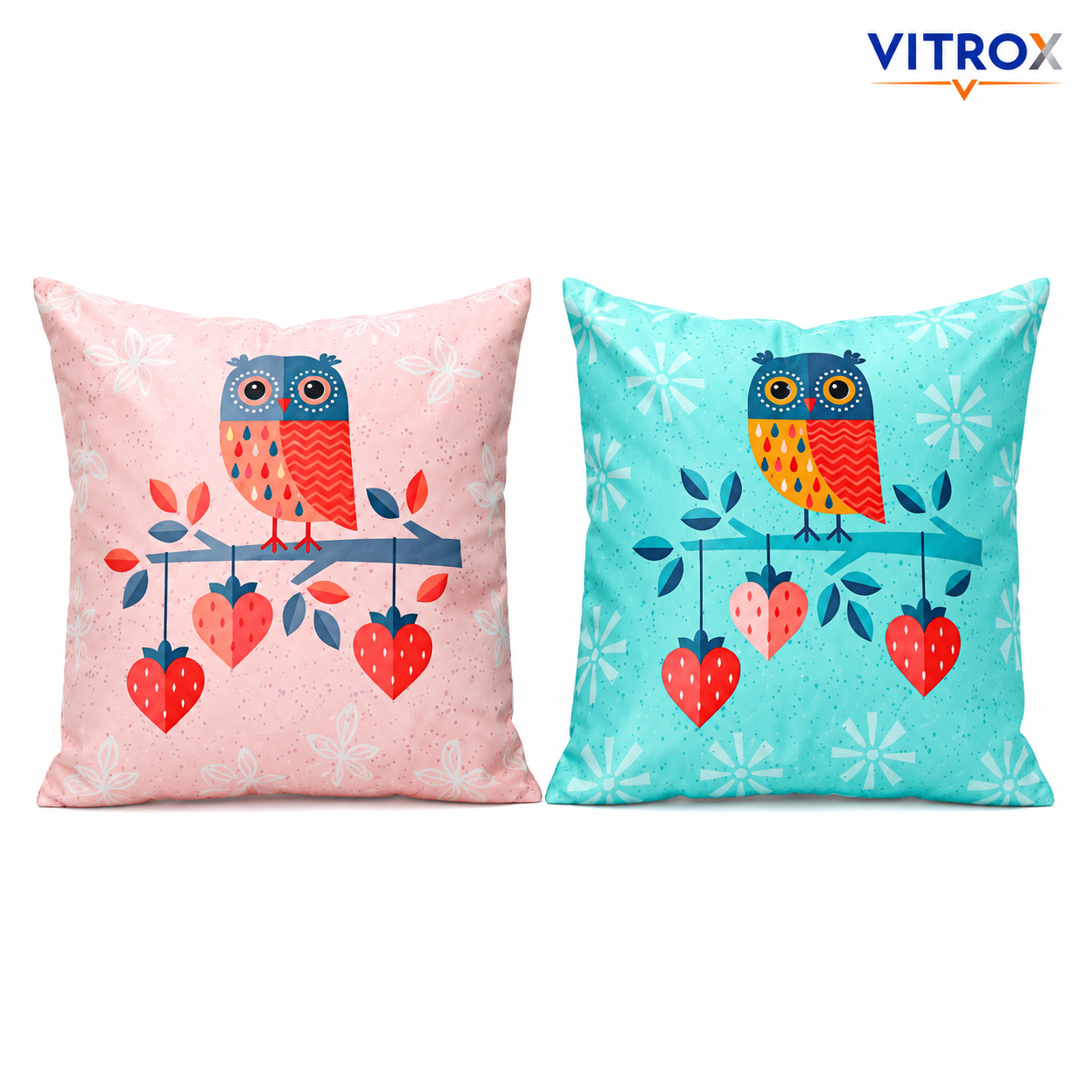 Vitrox Owl Printed Cushion Cover Set – 2 Piece Set, 12 x 12 Inch Premium Imported Satin Cushion Covers
