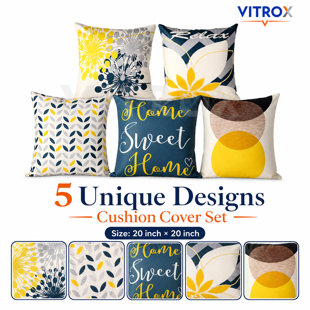Vitrox Decorative Printed Cushion Cover Set – 5 Piece Set, 20 x 20 Inch Square Cushion Covers