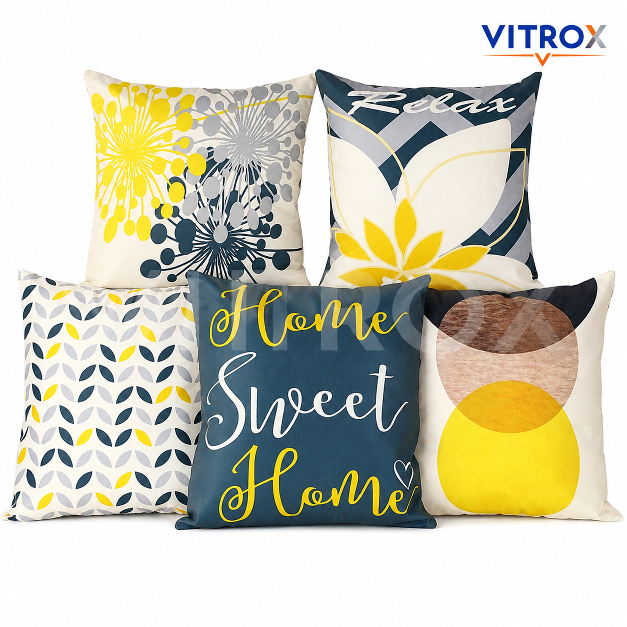 Vitrox Decorative Printed Cushion Cover Set – 5 Piece Set, 24 x 24 Inch Square Cushion Covers