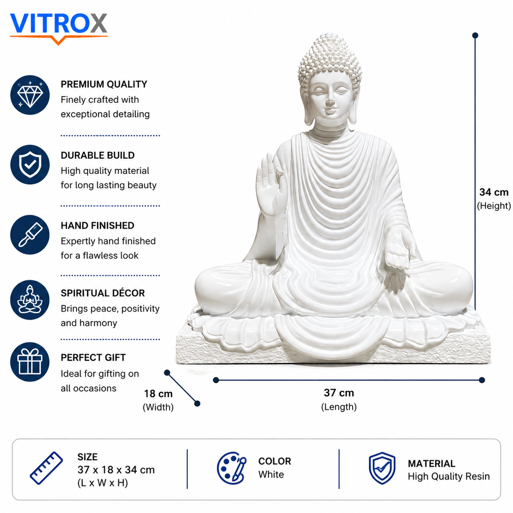 Premium White Meditating Buddha Statue – Hand-Finished Resin Spiritual Home Décor Idol (37 × 18 × 34 cm)