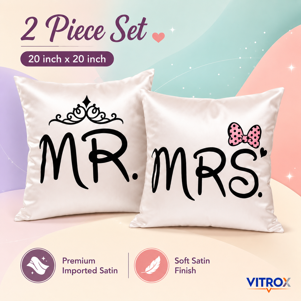 Vitrox MR & MRS Couple Satin Cushion Cover Set – 2 Piece Set, 24 x 24 Inch Premium Imported Satin Cushion Covers