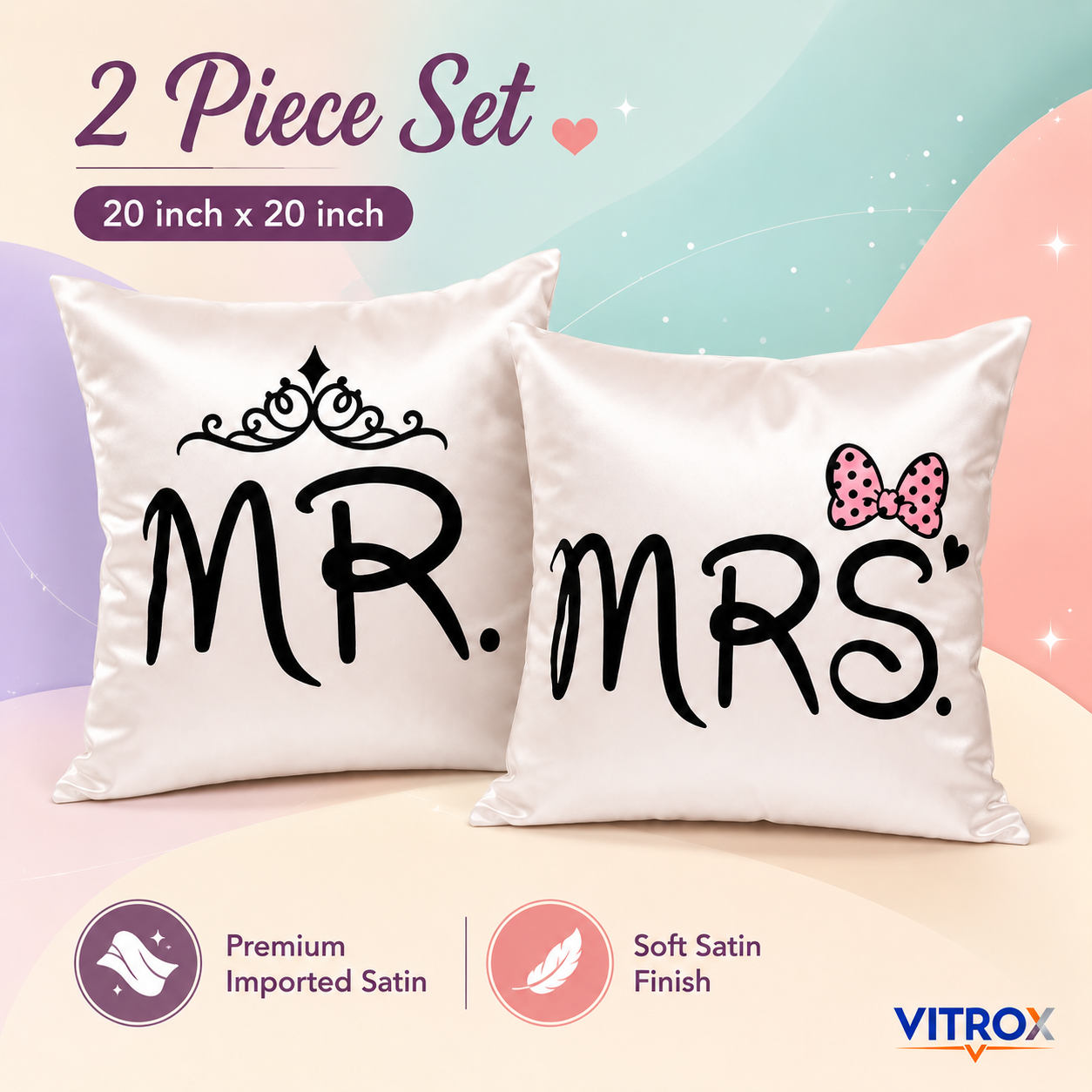 Vitrox MR & MRS Couple Satin Cushion Cover Set – 2 Piece Set, 24 x 24 Inch Premium Imported Satin Cushion Covers