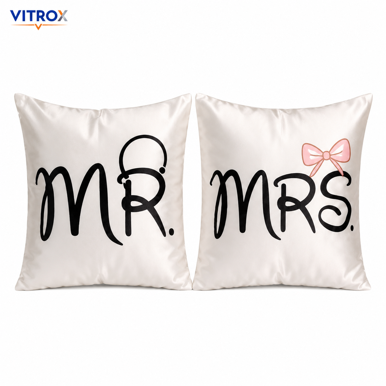 Vitrox MR & MRS Couple Cushion Cover Set – 2 Piece Set, 16 x 16 Inch Premium Imported Satin Cushion Covers