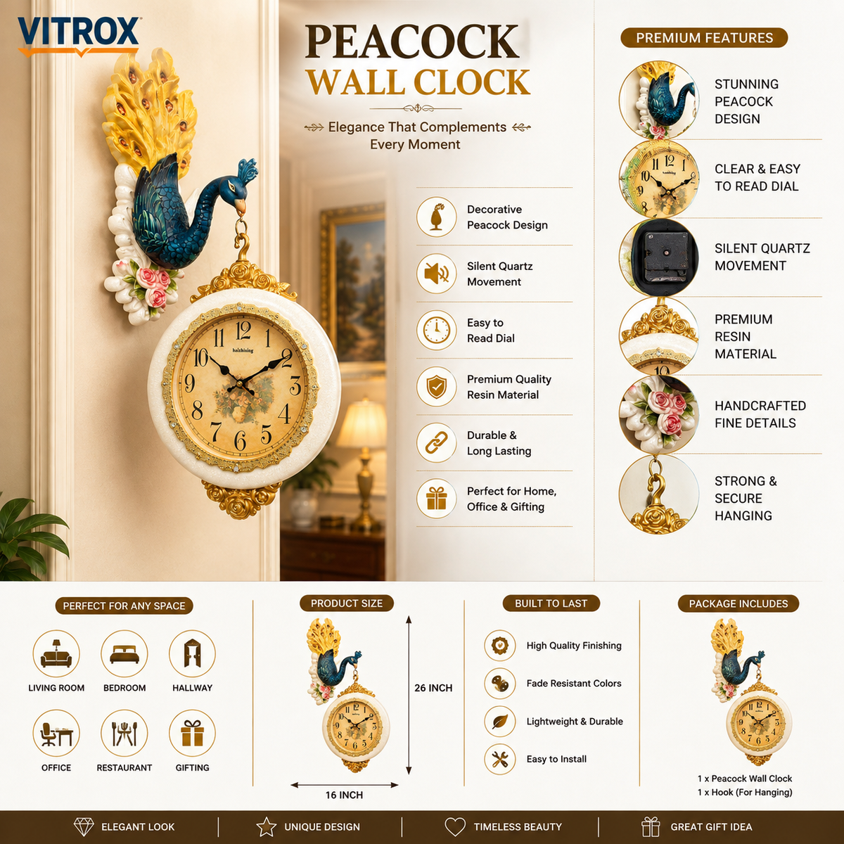 Vintage Peacock Decorative Wall Clock – Premium Resin Silent Quartz Hanging Wall Clock (26 × 16 Inch)