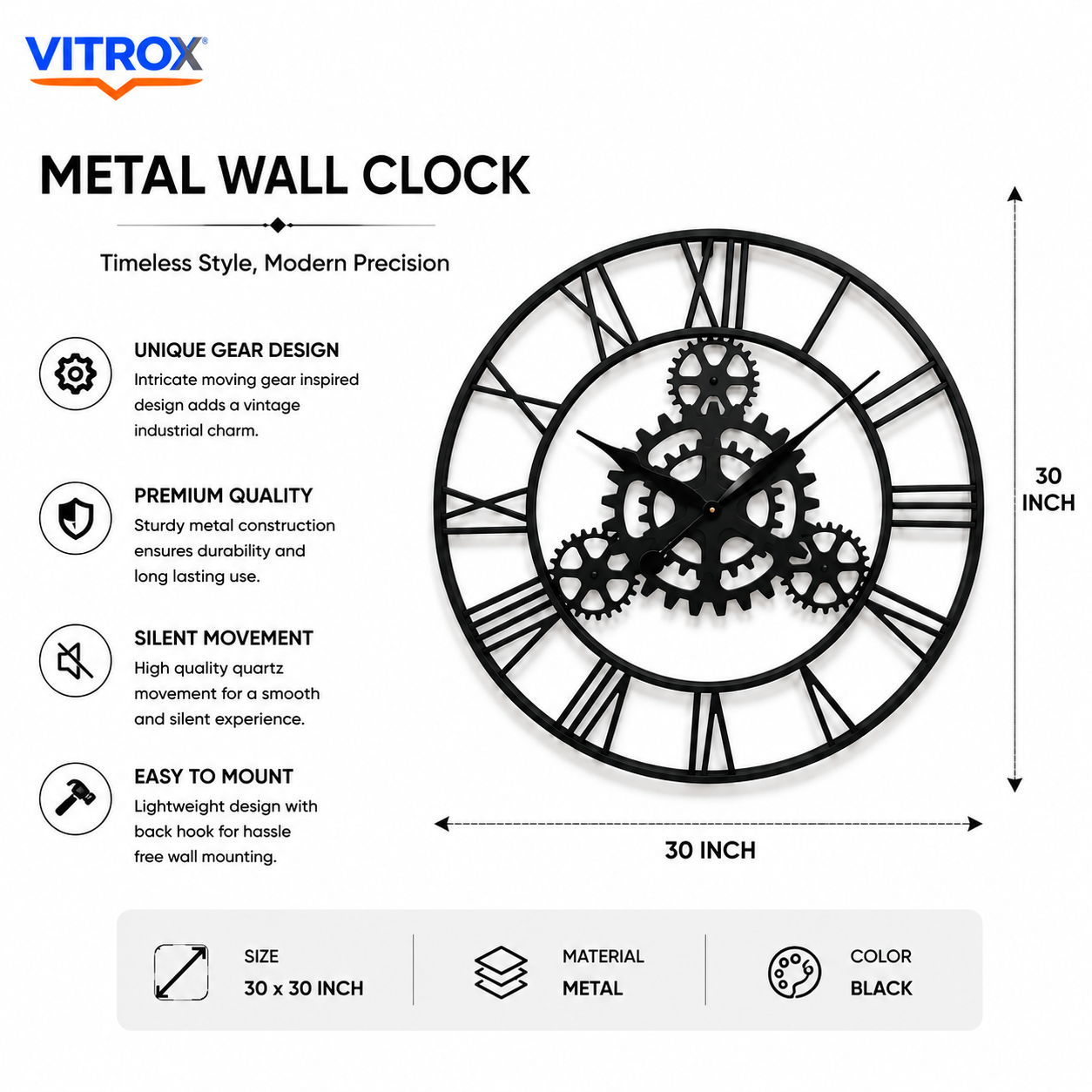 30 Inch Industrial Metal Wall Clock – Silent Quartz Decorative Gear Design Wall Clock (Black)