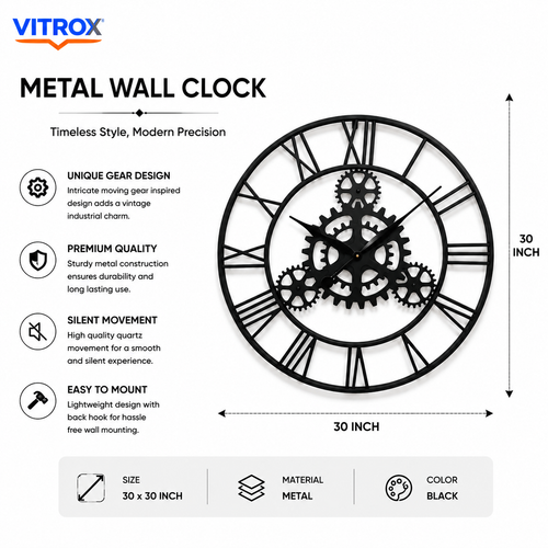 30 Inch Industrial Metal Wall Clock – Silent Quartz Decorative Gear Design Wall Clock (Black)