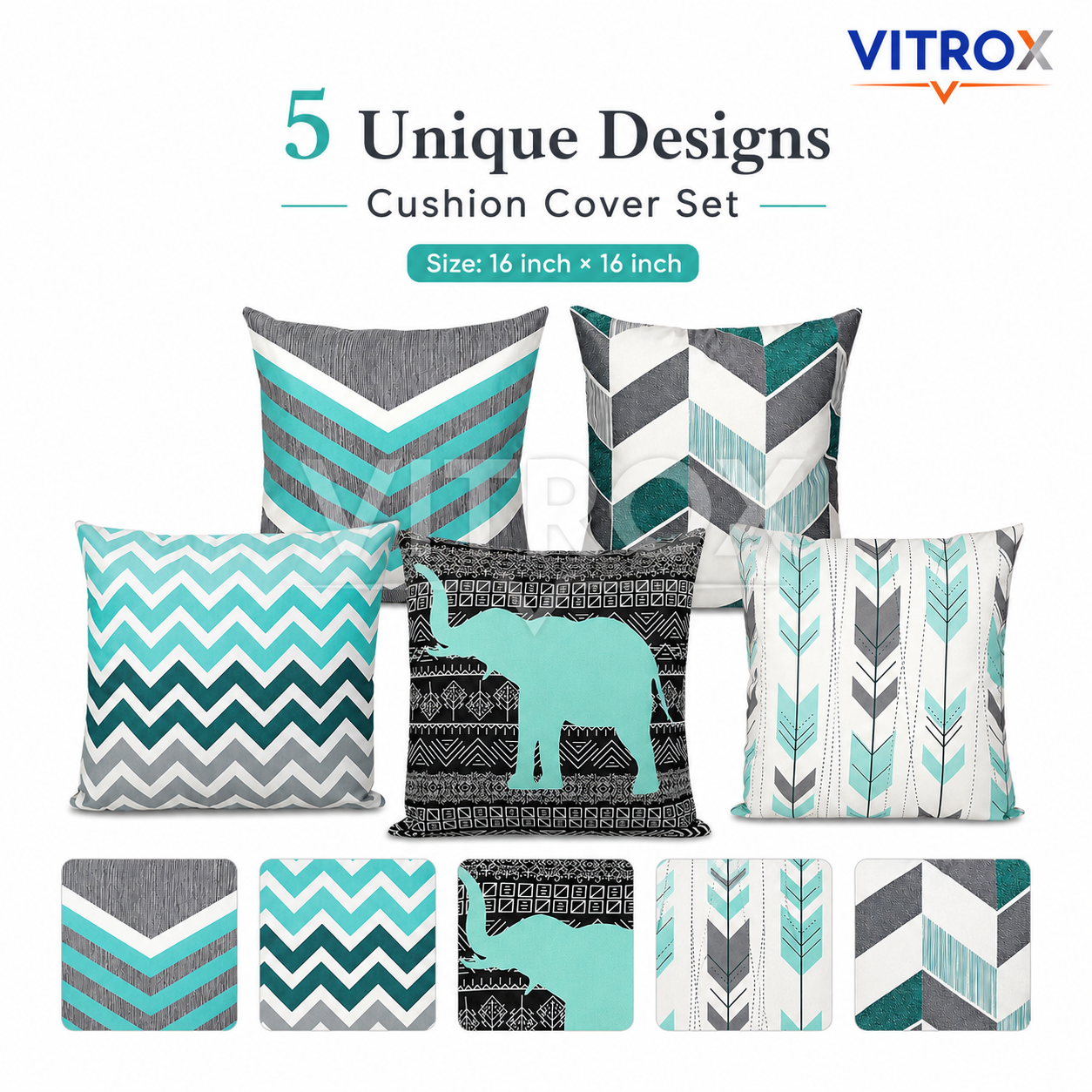 Vitrox Decorative Printed Cushion Cover Set – 5 Piece Set, 16 x 16 Inch Premium Satin Imported Cushion Covers