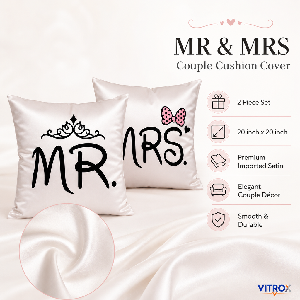 Vitrox MR & MRS Couple Satin Cushion Cover Set – 2 Piece Set, 24 x 24 Inch Premium Imported Satin Cushion Covers