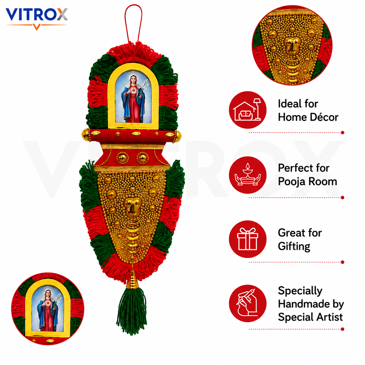 Vitrox Handmade Traditional Devotional Nettipattam Hanging Décor – Single Side Design for Home & Pooja Room