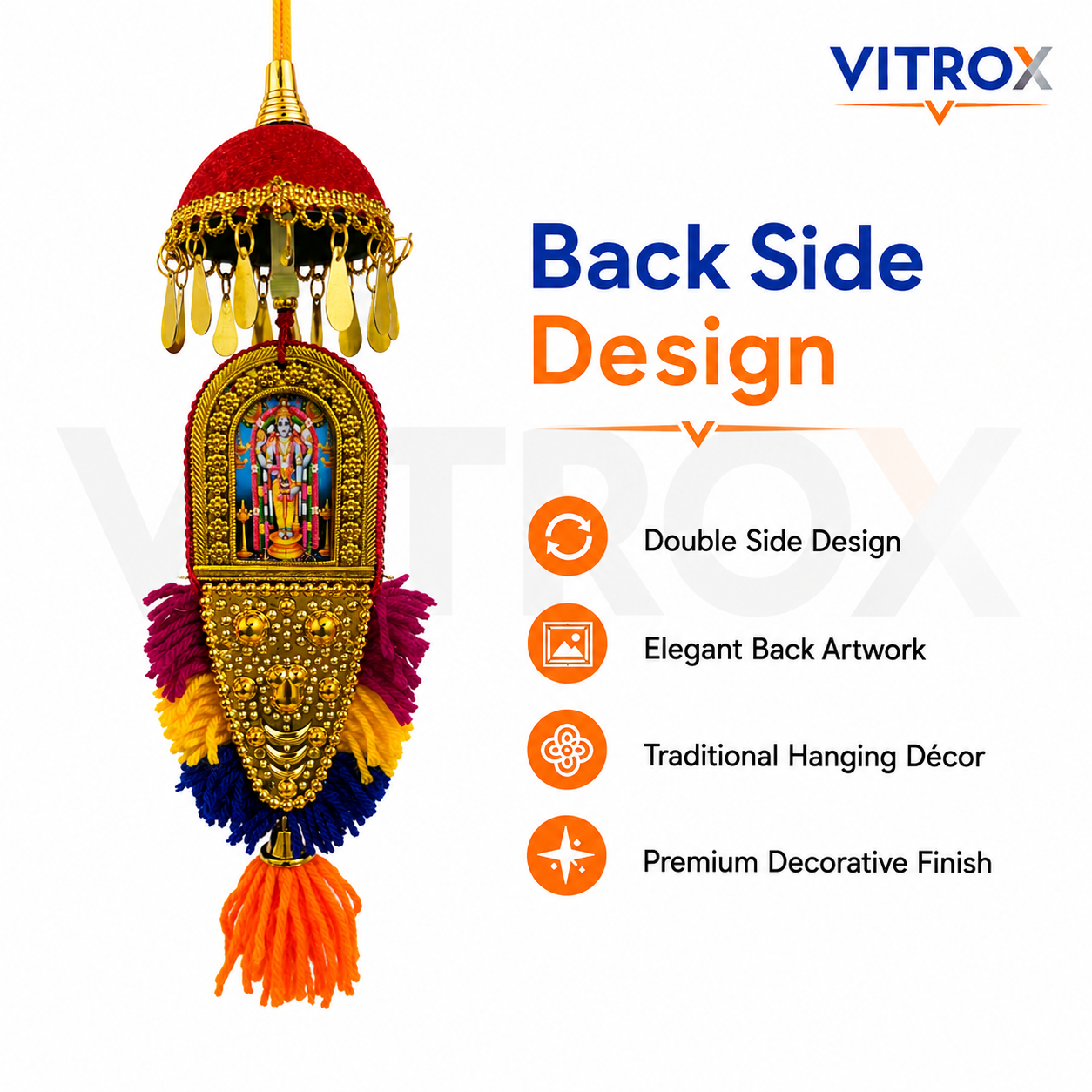 Vitrox Handmade Traditional Ganesha Hanging Décor – Double Side Design for Car, Home & Pooja Room | 25cm x 8cm
