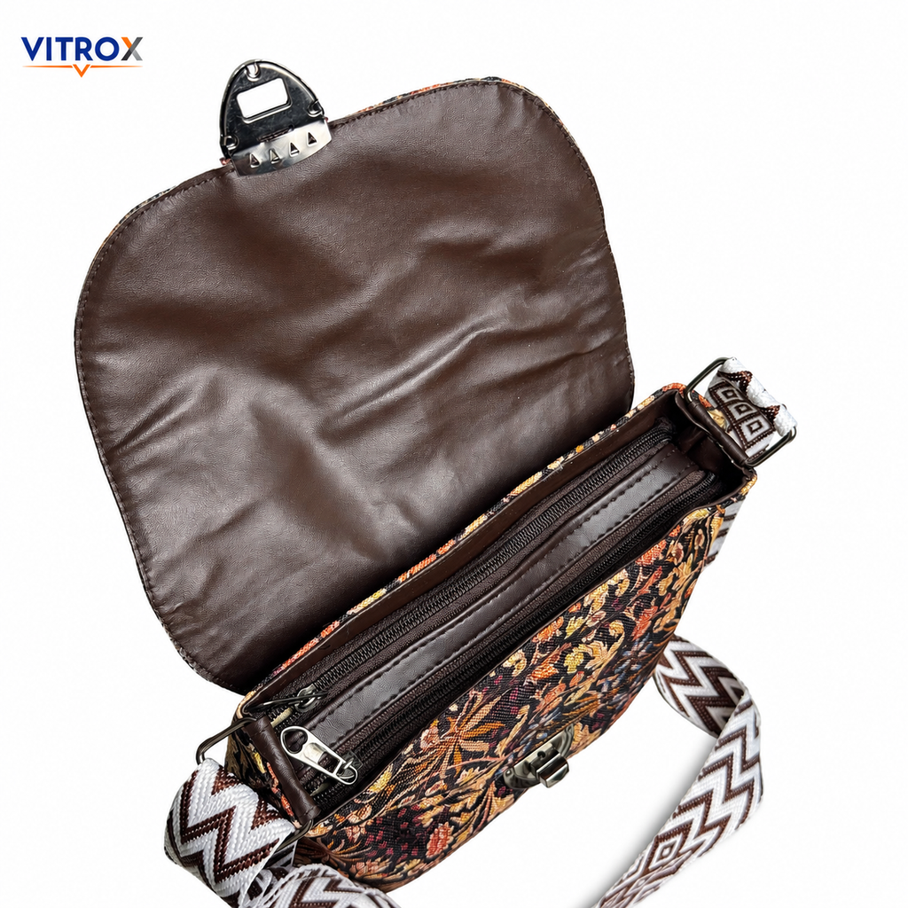Vitrox Floral Ladies Shoulder Bag | Brown Black Printed Sling Bag for Women