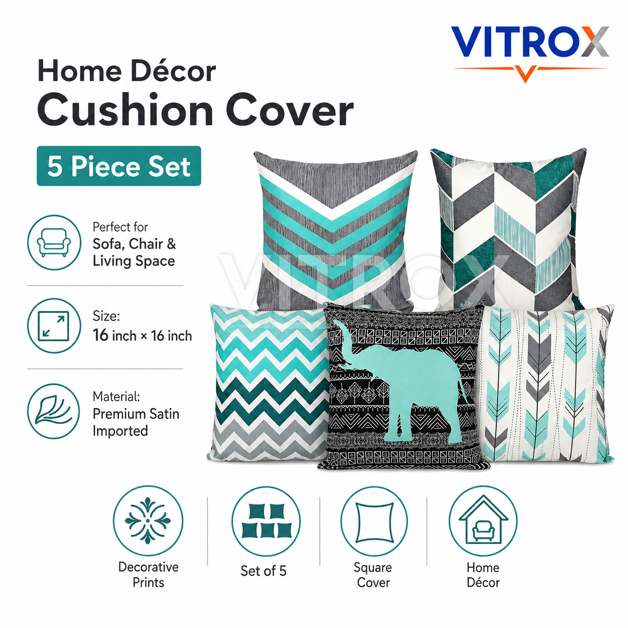 Vitrox Decorative Printed Cushion Cover Set – 5 Piece Set, 16 x 16 Inch Premium Satin Imported Cushion Covers