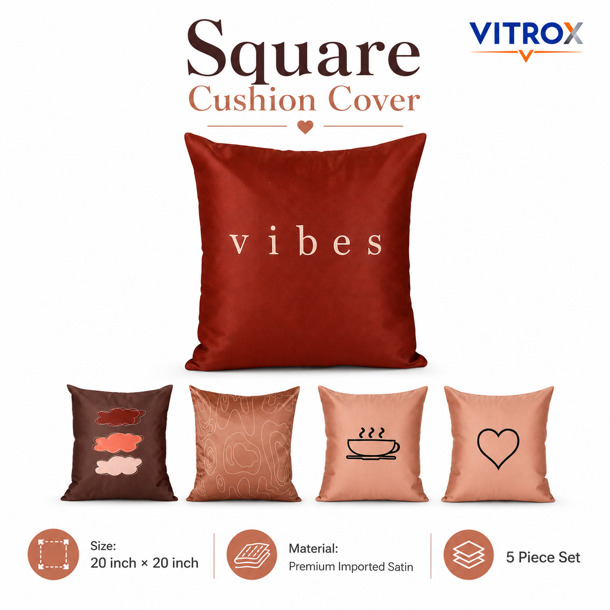 Vitrox Decorative Satin Cushion Cover Set – 5 Piece Set, 20 x 20 Inch Premium Imported Satin Cushion Covers