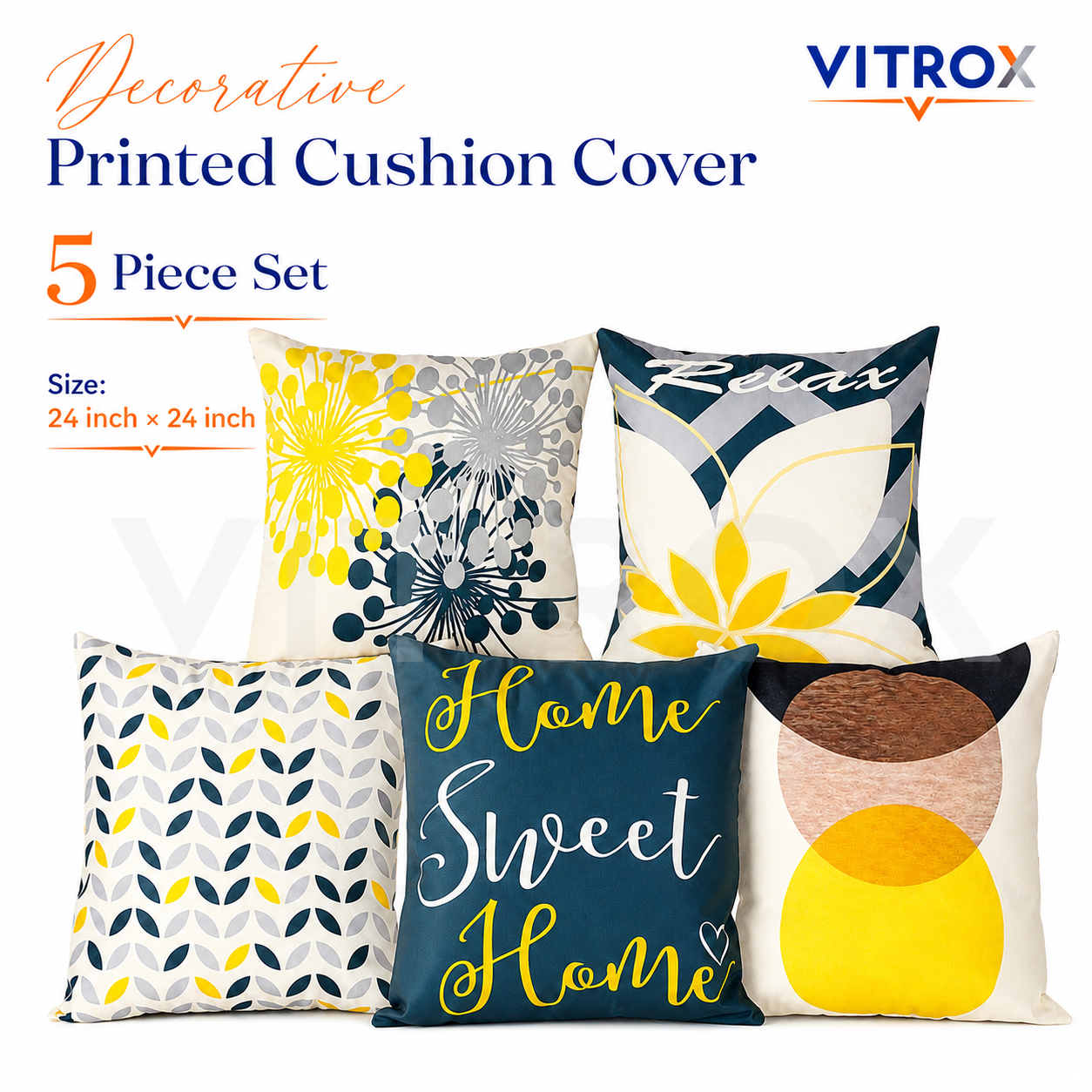 Vitrox Decorative Printed Cushion Cover Set – 5 Piece Set, 24 x 24 Inch Square Cushion Covers