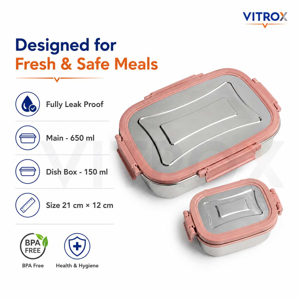 Vitrox Fully Leak Proof Stainless Steel Lunch Box Set with Dish Box – Pink | 650 ml + 150 ml