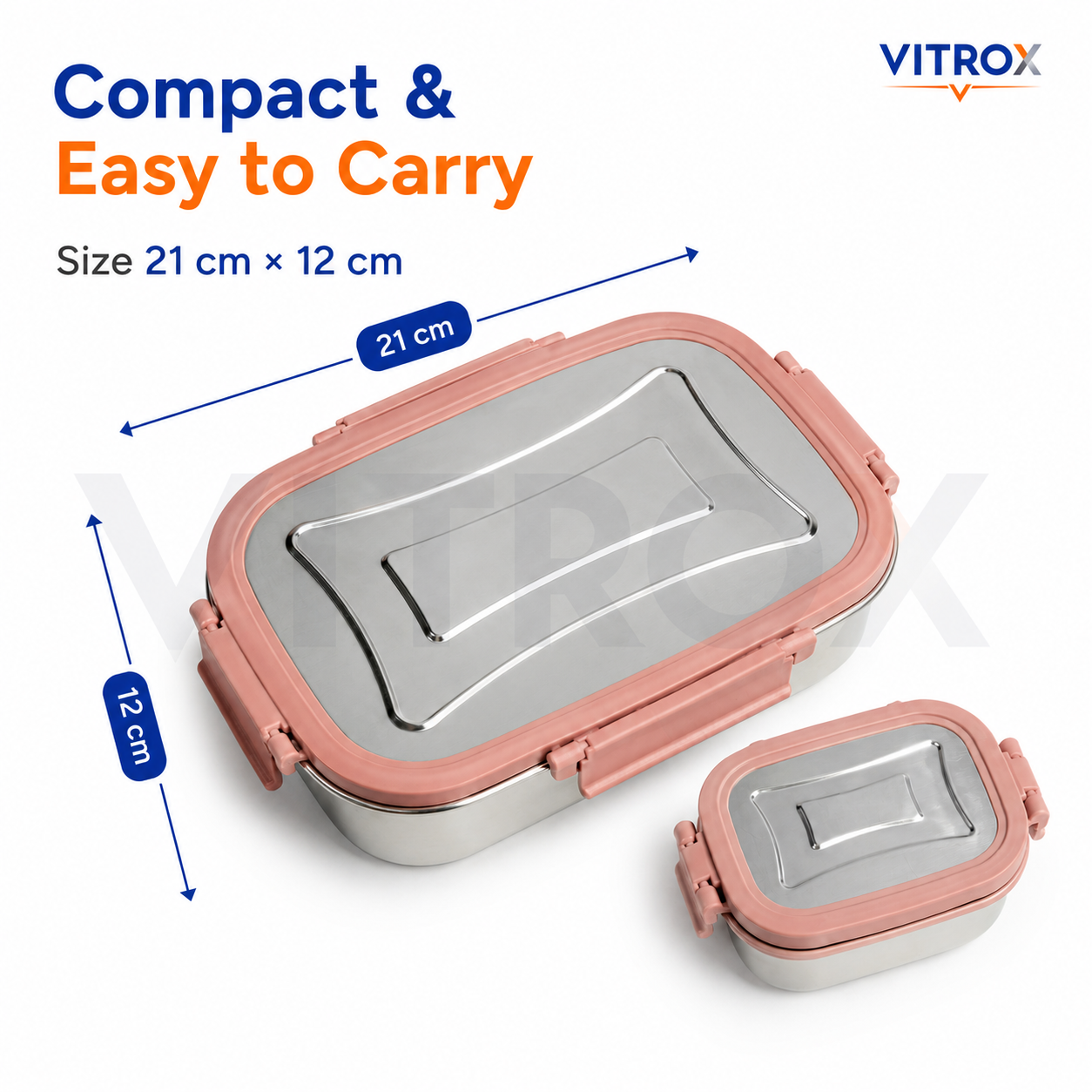 Vitrox Fully Leak Proof Stainless Steel Lunch Box Set with Dish Box – Pink | 650 ml + 150 ml