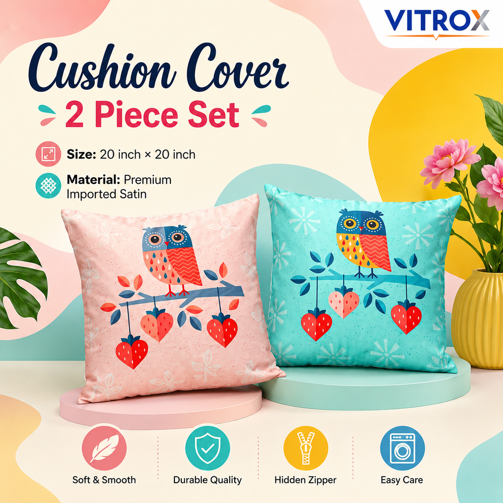 Vitrox Owl Printed Cushion Cover Set – 2 Piece Set, 20 x 20 Inch Premium Imported Satin Cushion Covers