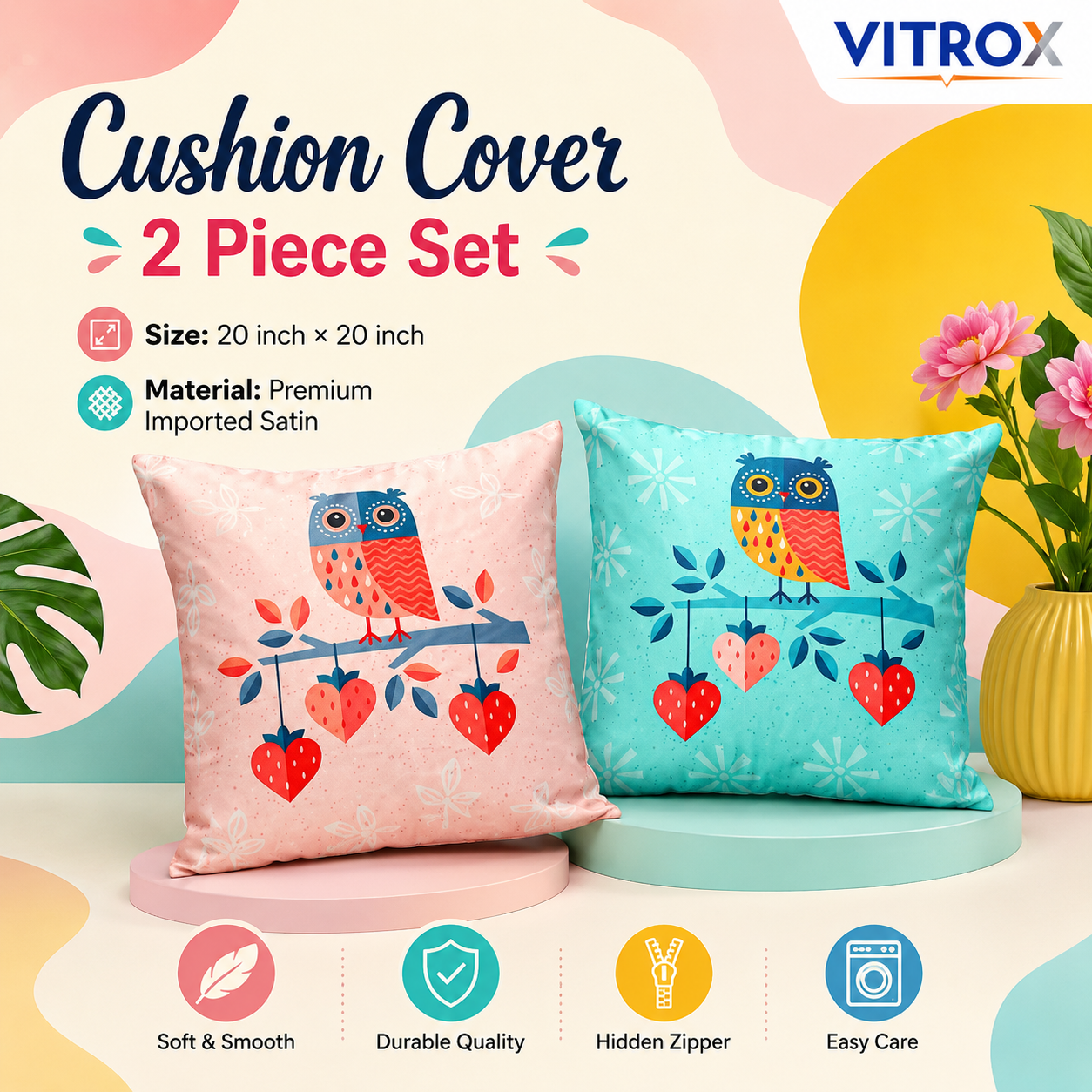 Vitrox Owl Printed Cushion Cover Set – 2 Piece Set, 20 x 20 Inch Premium Imported Satin Cushion Covers