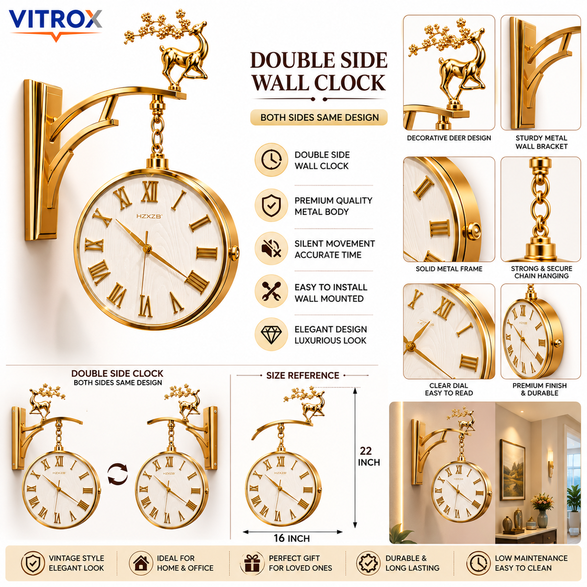 Vintage Double Side Wall Clock – Premium Metal Silent Quartz Decorative Hanging Clock with Deer Design (22 × 16 Inch, Gold)