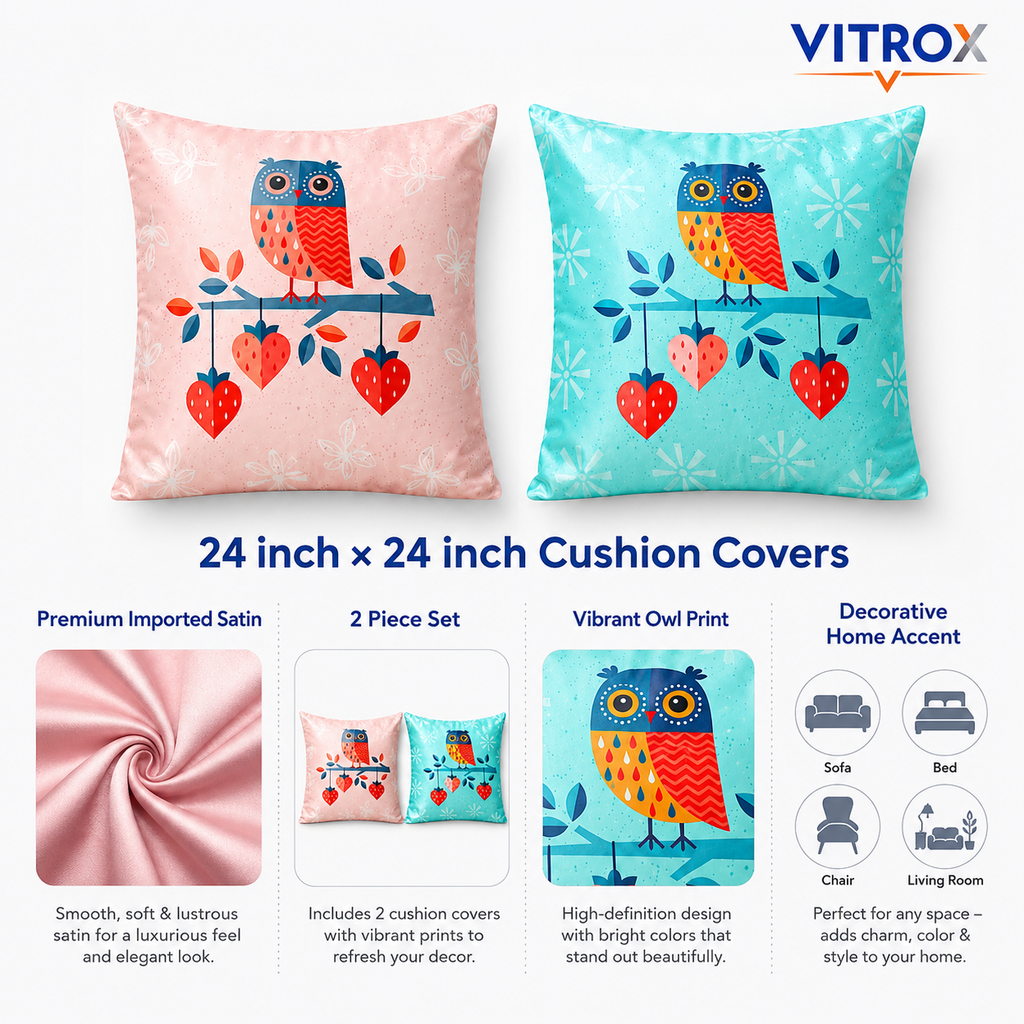 Vitrox Owl Printed Satin Cushion Cover Set – 2 Piece Set, 24 x 24 Inch Premium Imported Satin Cushion Covers