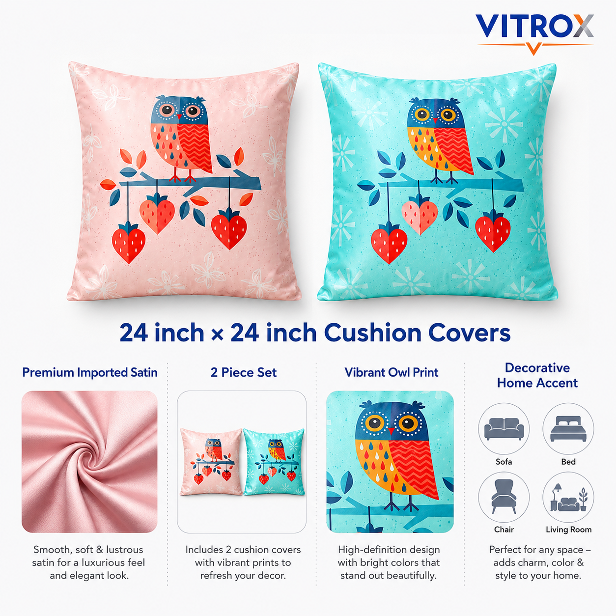 Vitrox Owl Printed Satin Cushion Cover Set – 2 Piece Set, 24 x 24 Inch Premium Imported Satin Cushion Covers