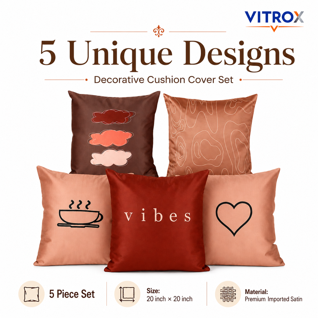 Vitrox Decorative Satin Cushion Cover Set – 5 Piece Set, 20 x 20 Inch Premium Imported Satin Cushion Covers