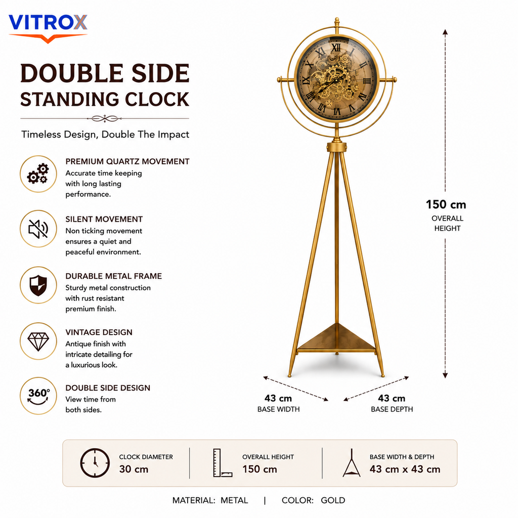 Double Side Floor Standing Clock – Premium Metal Silent Quartz Vintage Display Clock (150 cm Height, Gold Finish)