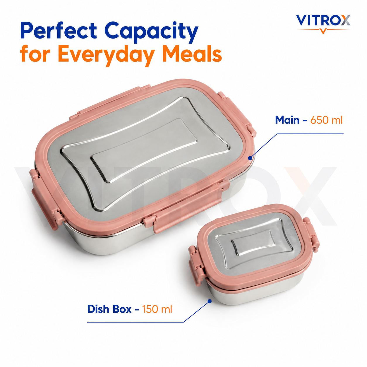 Vitrox Fully Leak Proof Stainless Steel Lunch Box Set with Dish Box – Pink | 650 ml + 150 ml