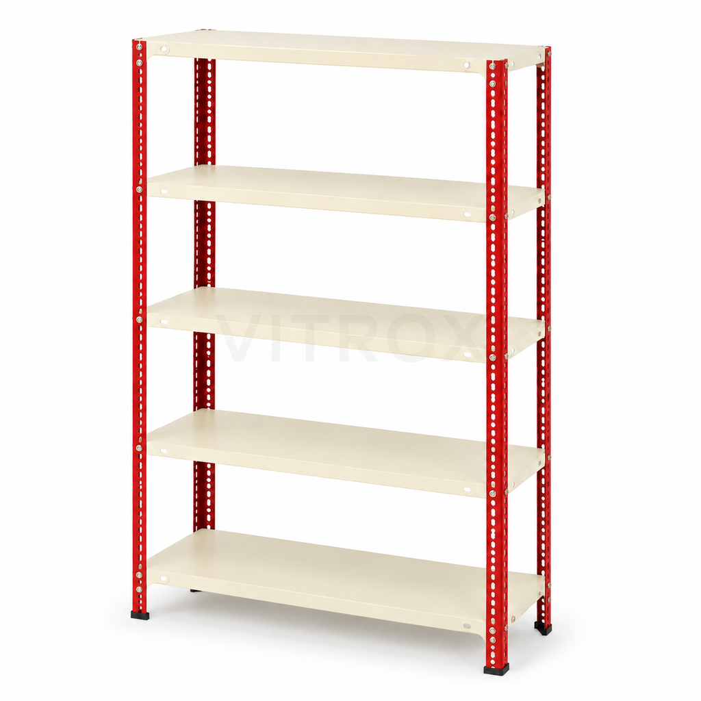 Slotted Angle Storage Rack 72 x 36 x 12 Inch 5 Tier - RED+ IVORY POWDER COATED