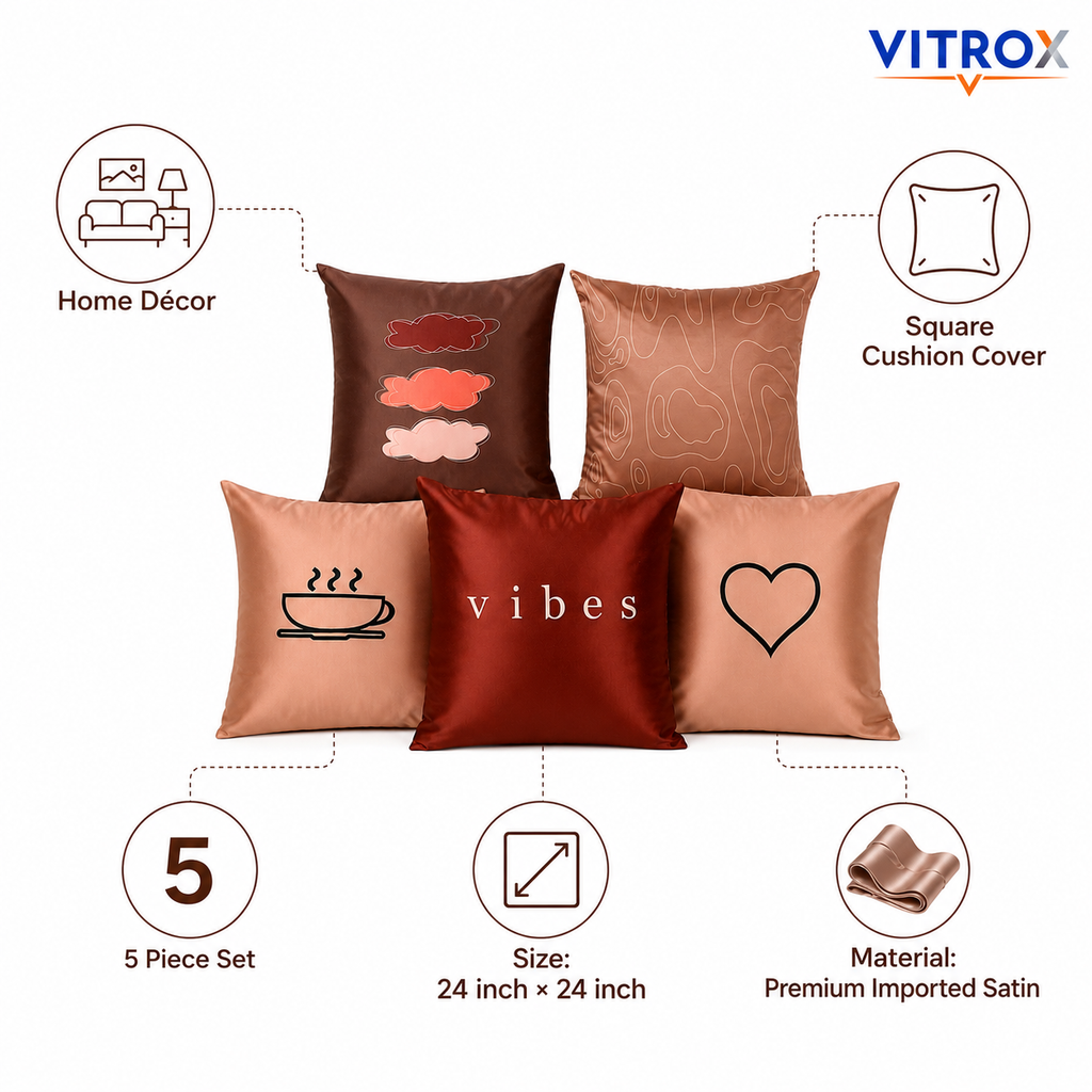 Vitrox Decorative Satin Cushion Cover Set – 5 Piece Set, 24 x 24 Inch Premium Imported Satin Cushion Covers