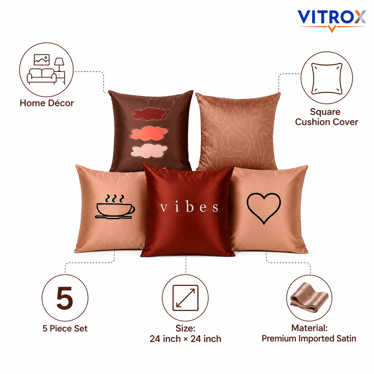 Vitrox Decorative Satin Cushion Cover Set – 5 Piece Set, 24 x 24 Inch Premium Imported Satin Cushion Covers