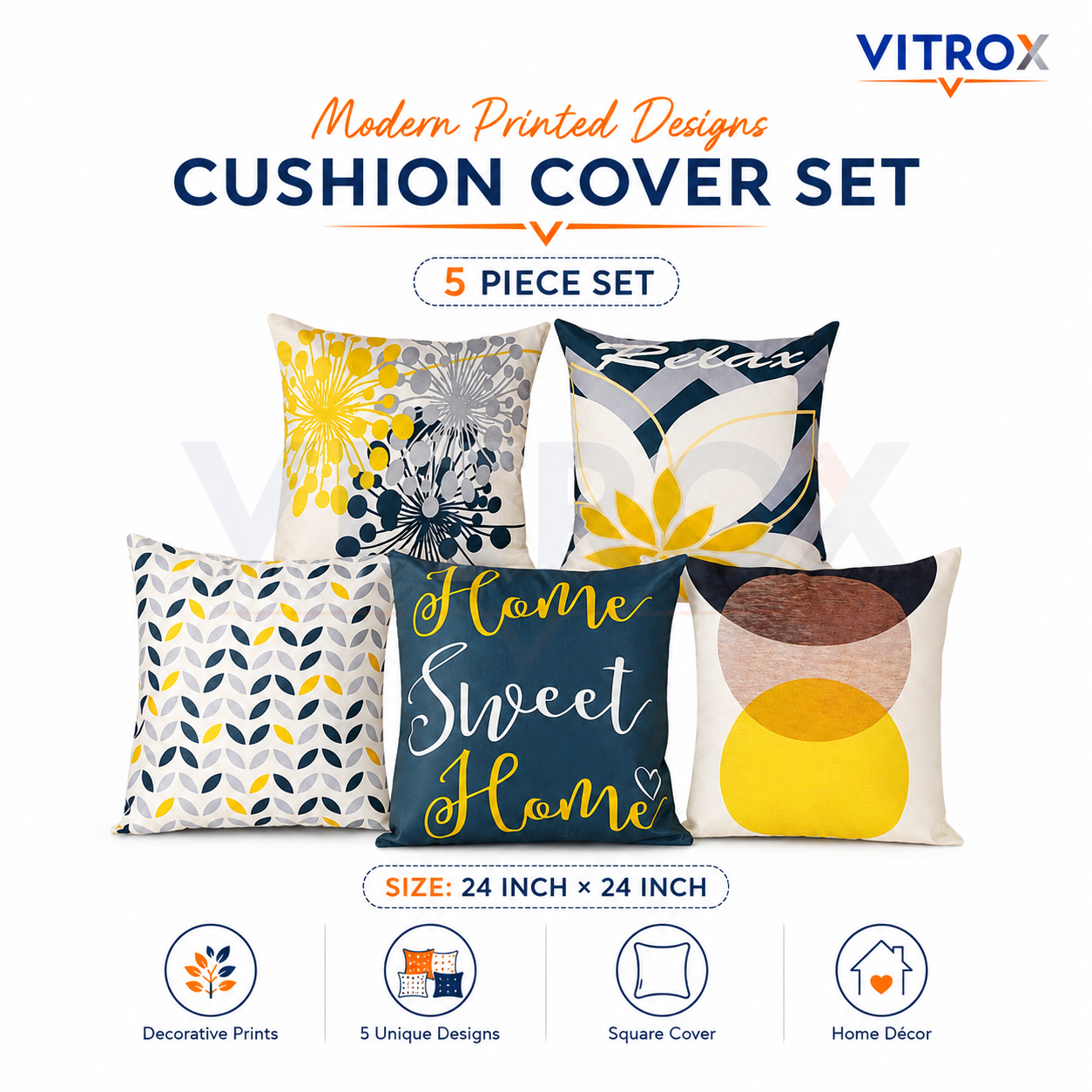 Vitrox Decorative Printed Cushion Cover Set – 5 Piece Set, 24 x 24 Inch Square Cushion Covers