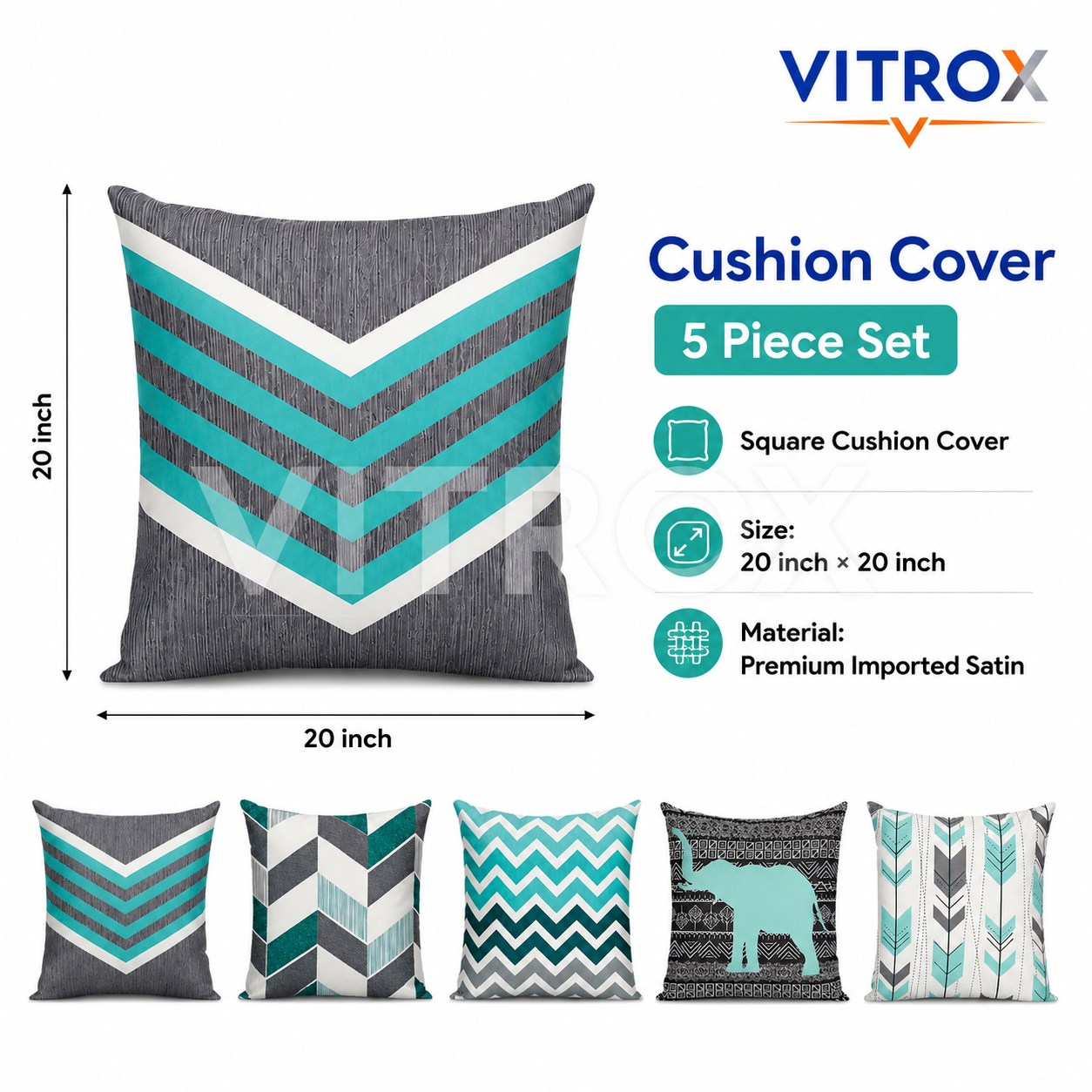 Vitrox Decorative Printed Cushion Cover Set – 5 Piece Set, 20 x 20 Inch Premium Imported Satin Cushion Covers