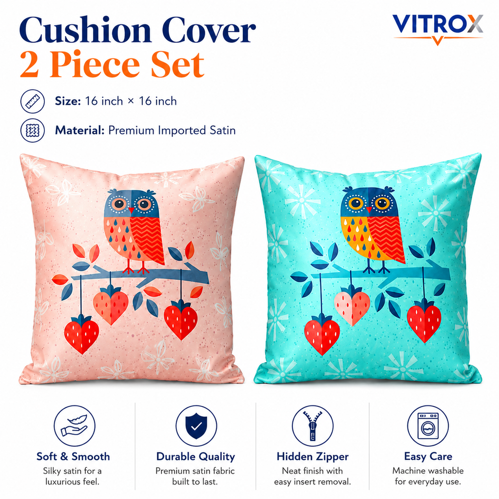 Vitrox Owl Printed Satin Cushion Cover Set – 2 Piece Set, 16 x 16 Inch Premium Imported Satin Cushion Covers