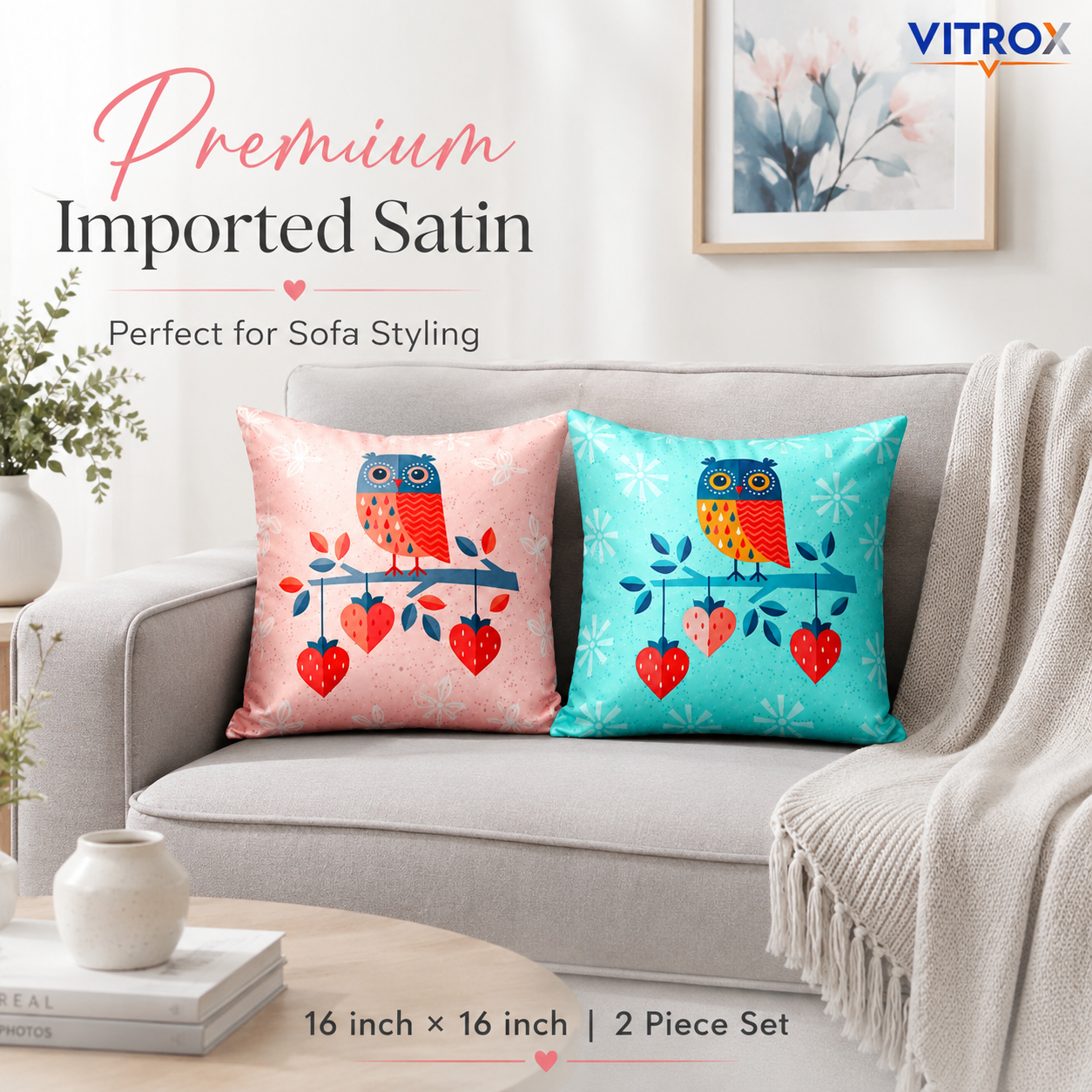 Vitrox Owl Printed Satin Cushion Cover Set – 2 Piece Set, 16 x 16 Inch Premium Imported Satin Cushion Covers