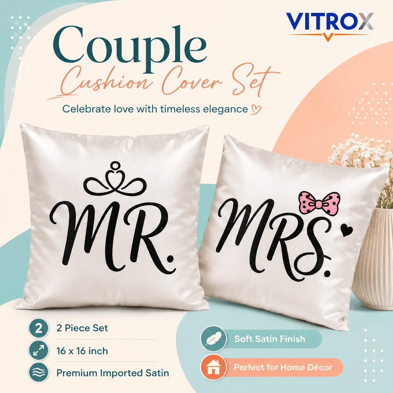 Vitrox MR & MRS Couple Cushion Cover Set – 2 Piece Set, 16 x 16 Inch Premium Imported Satin Cushion Covers