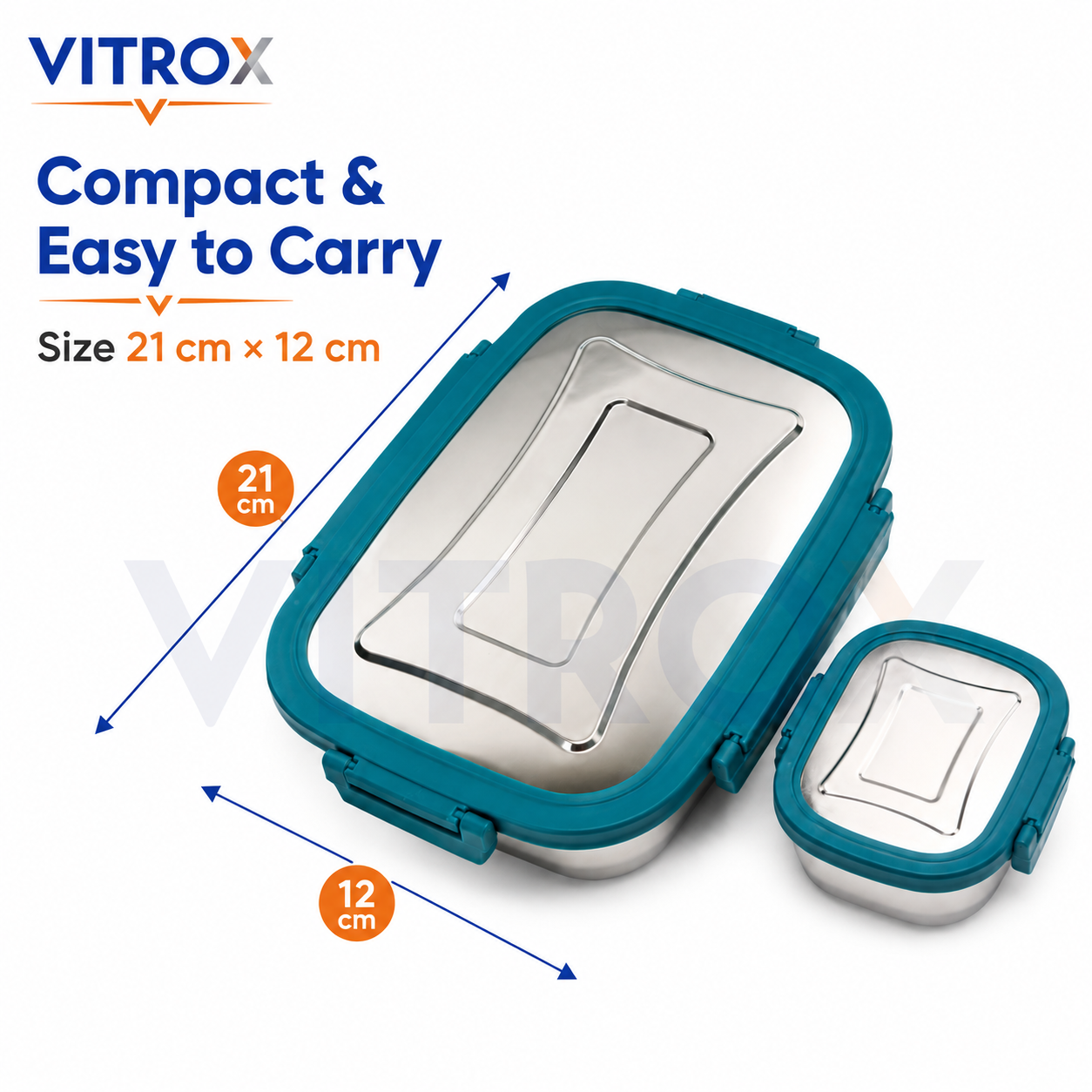 Vitrox Fully Leak Proof Stainless Steel Lunch Box Set with Dish Box – TEAL BLUE | 650 ml + 150 ml