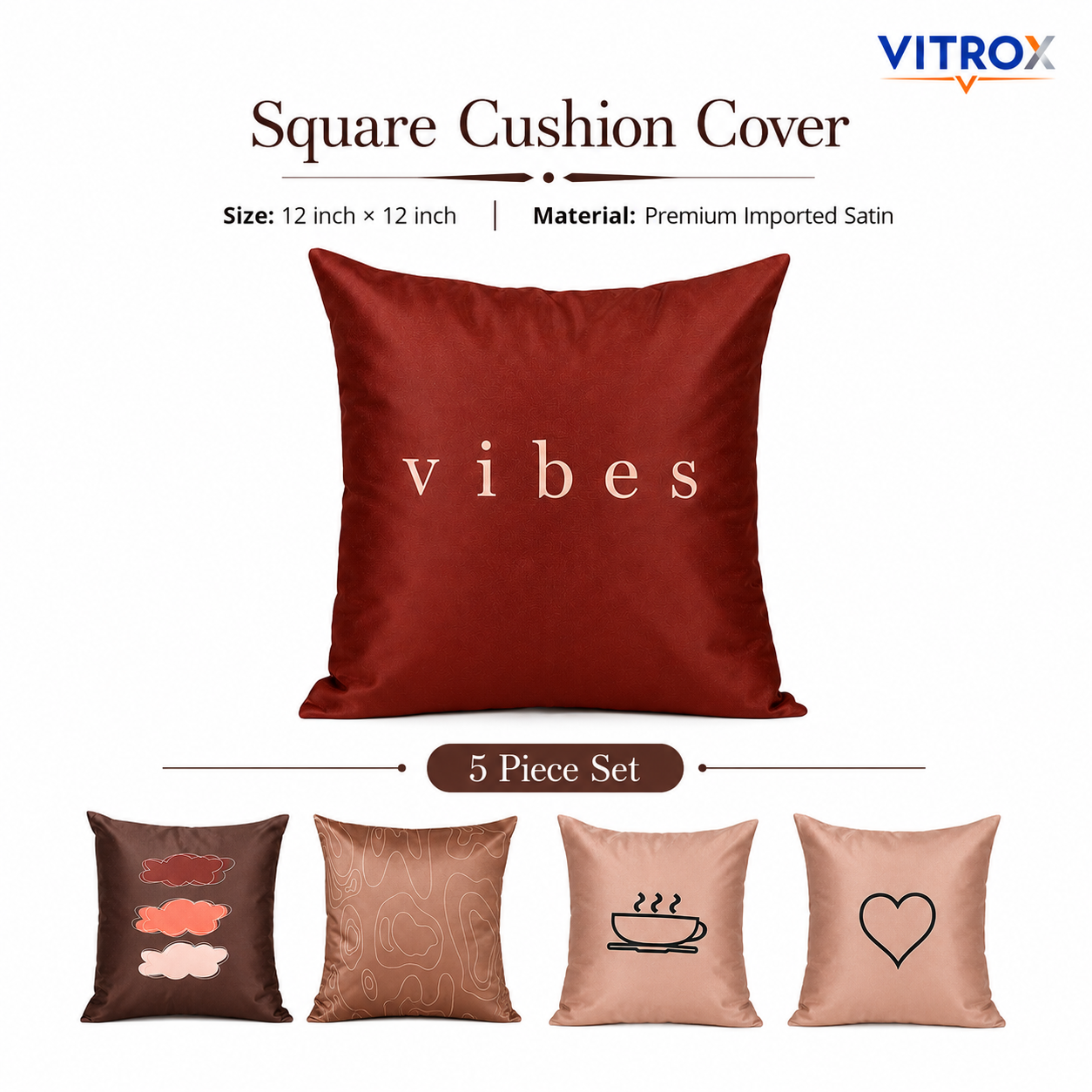 Vitrox Decorative Satin Cushion Cover Set – 5 Piece Set, 12 x 12 Inch Square Cushion Covers