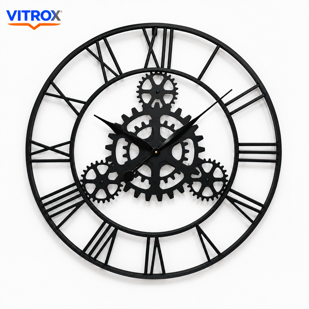 30 Inch Industrial Metal Wall Clock – Silent Quartz Decorative Gear Design Wall Clock (Black)