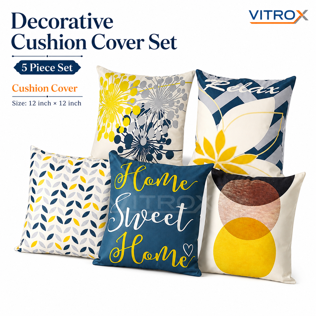 Vitrox Decorative Printed Cushion Cover Set – 5 Piece Set, 12 x 12 Inch Square Cushion Covers