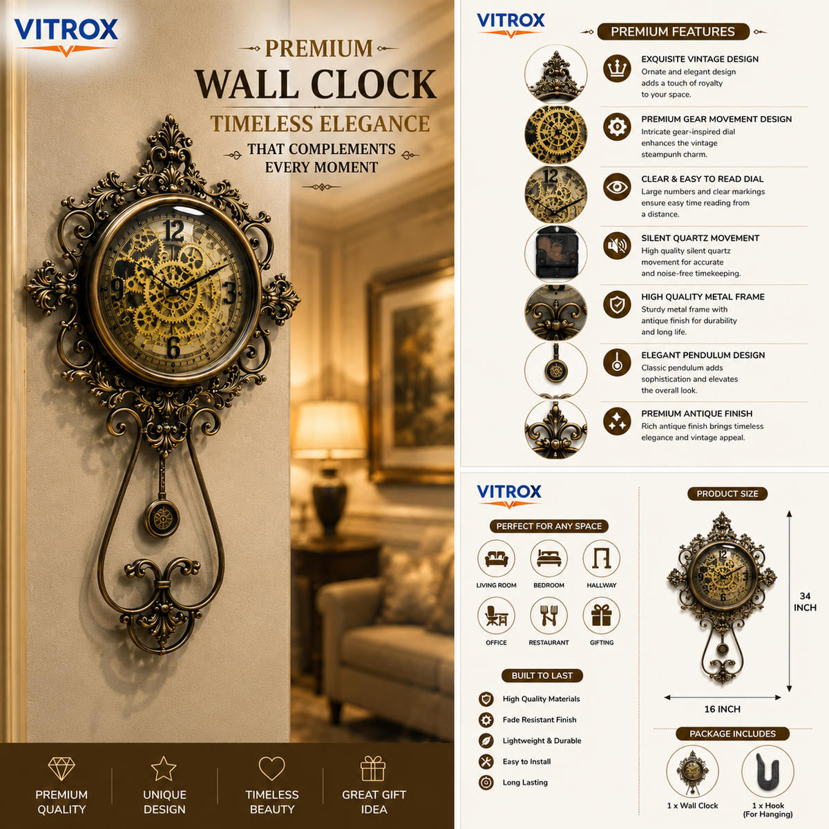 Vintage Decorative Wall Clock with Pendulum – Premium Silent Quartz Antique Wall Clock (34 × 16 Inch)