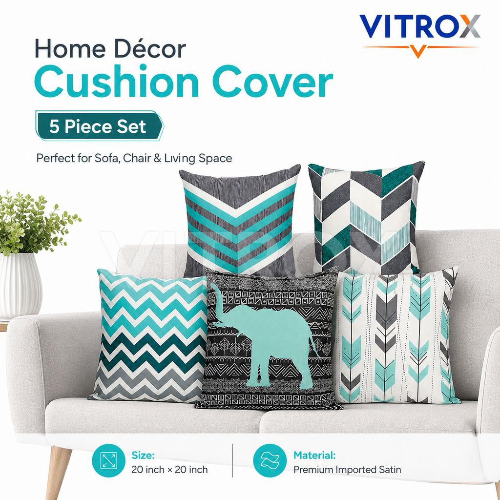 Vitrox Decorative Printed Cushion Cover Set – 5 Piece Set, 20 x 20 Inch Premium Imported Satin Cushion Covers