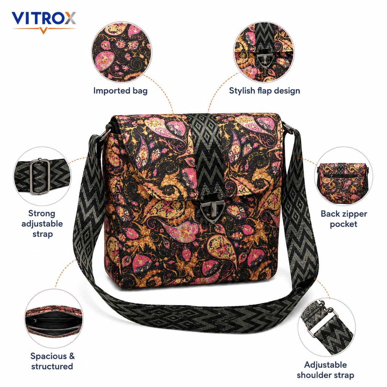 VITROX Imported Paisley Print Shoulder Bag with Adjustable Strap