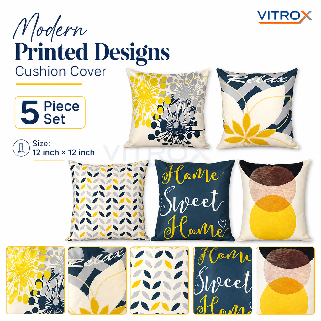 Vitrox Decorative Printed Cushion Cover Set – 5 Piece Set, 12 x 12 Inch Square Cushion Covers